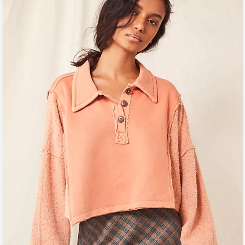 Easel Los Angeles Womens Peach Raw Hem Crop Sweatshirt Size Small